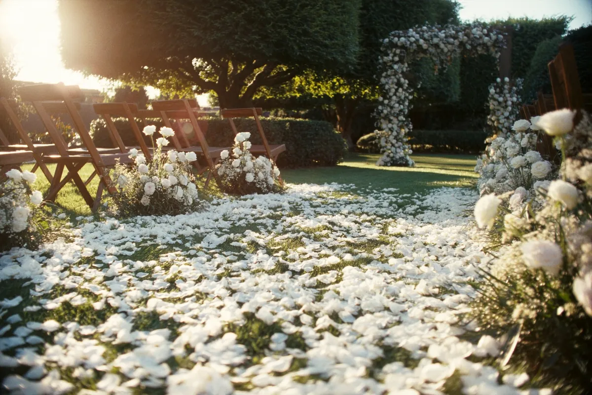 Pasillo de ceremonia en el jardín de Villa Aurelia con pétalos blancos y arco floral al fondo